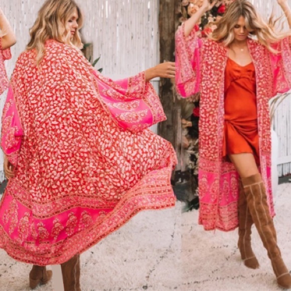 Red Coral Maxi KIMONO Duster Robe Delirium - Picture 2 of 5